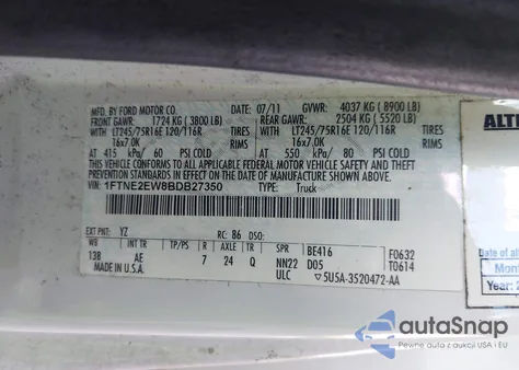 2011 Ford E-250 Commercial z USA, uszkodzony, nr VIN 1FTNE2EW8BDB27350